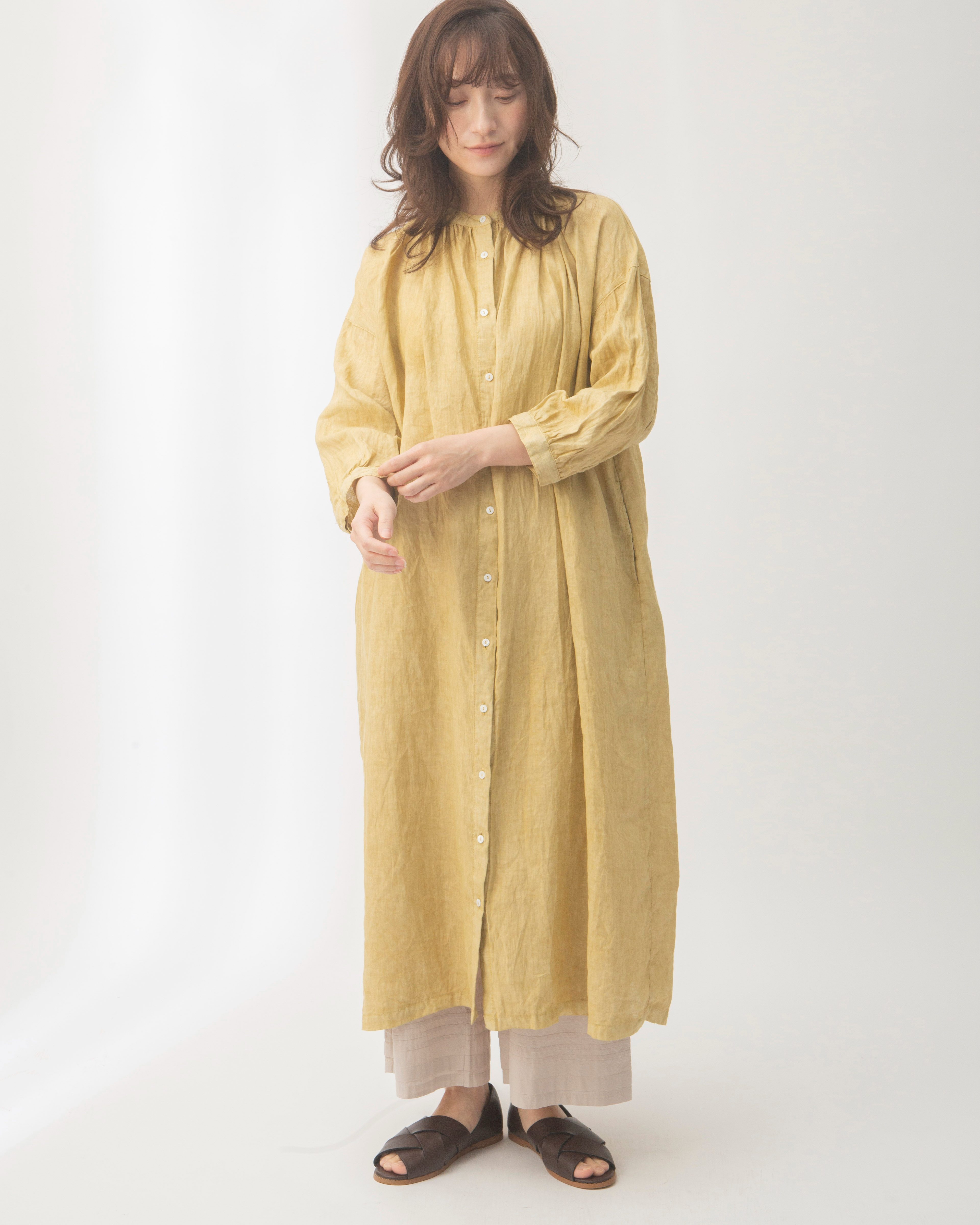 土へ還る-】リネンベンガラ染めギャザーワンピース