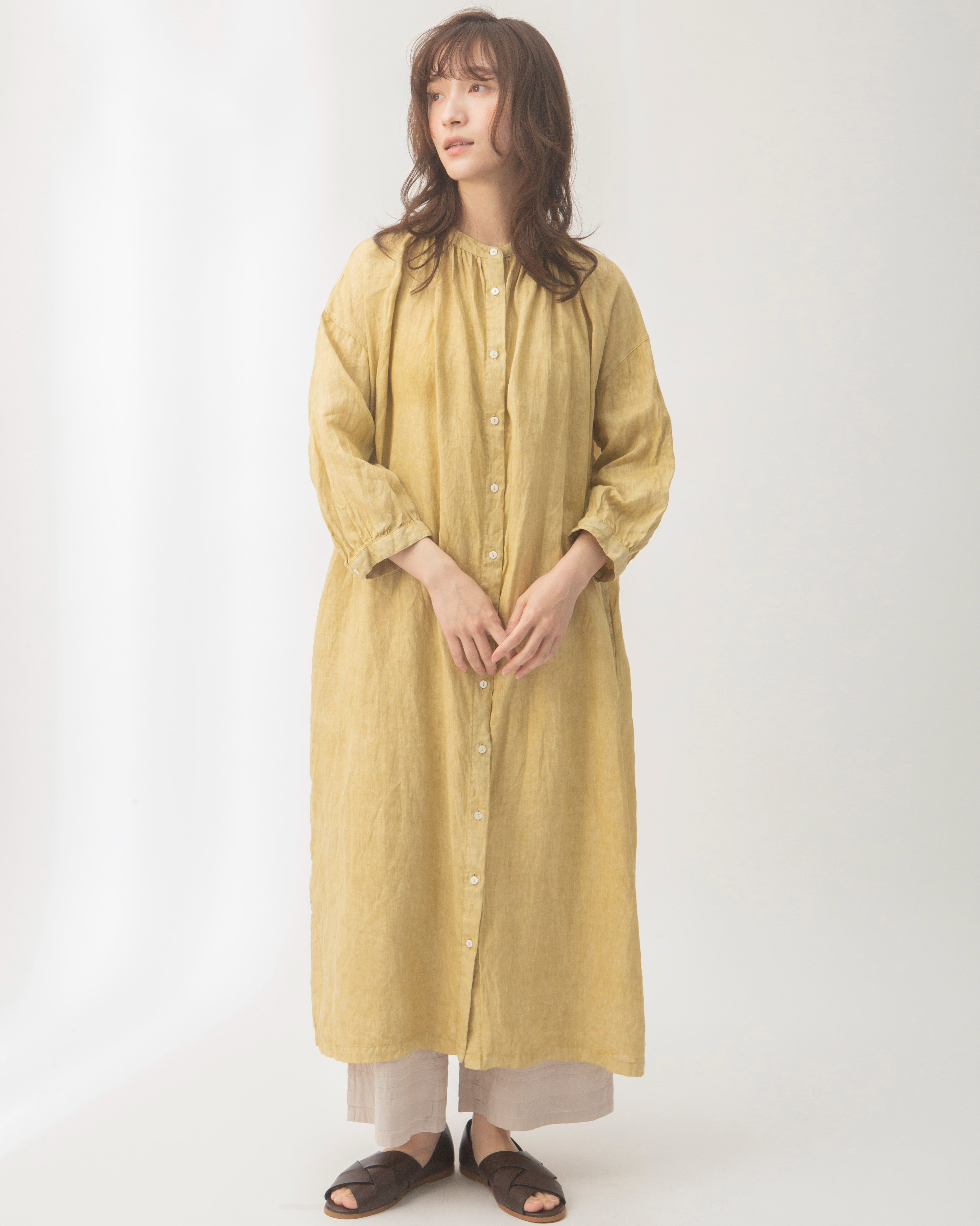 土へ還る-】リネンベンガラ染めギャザーワンピース