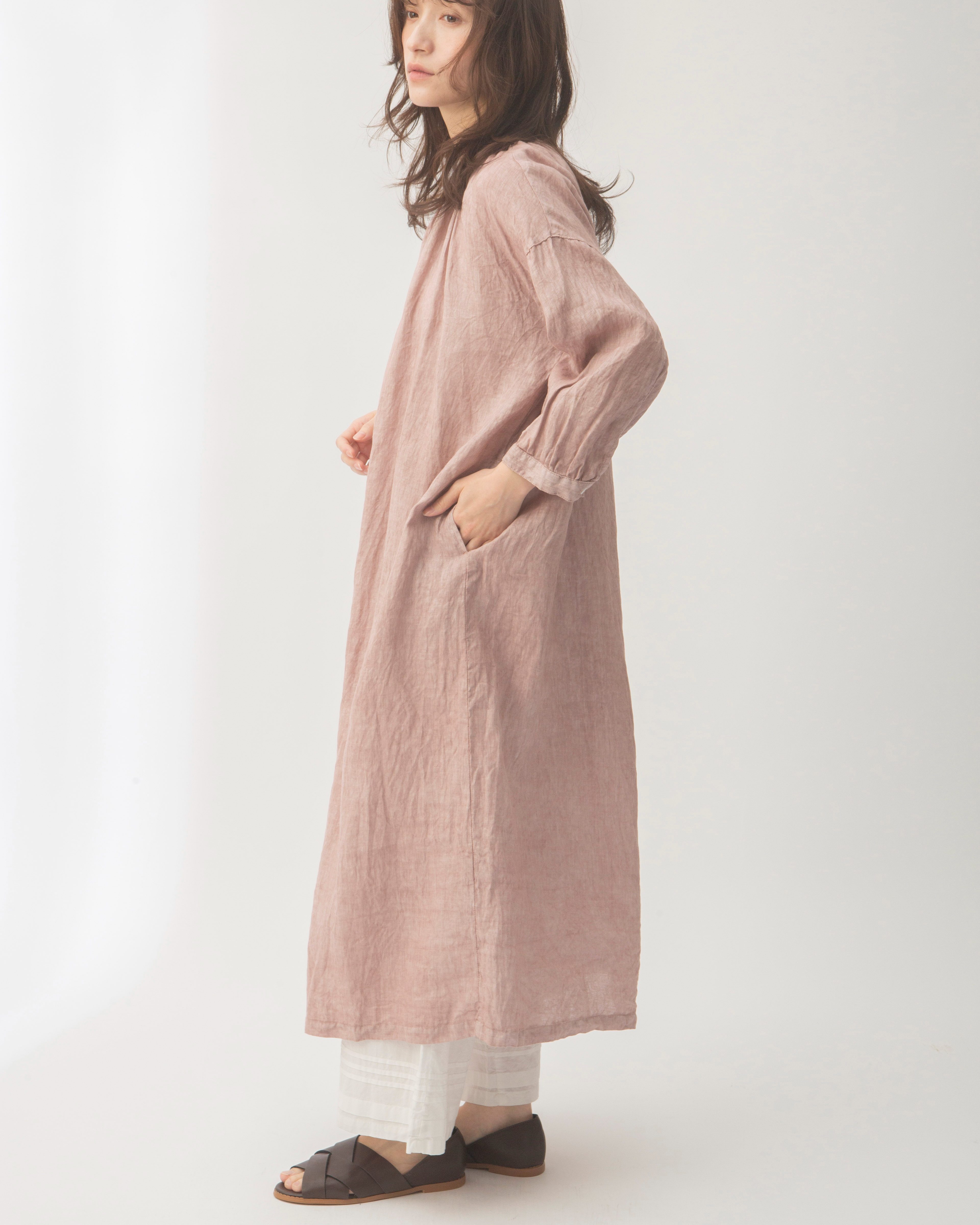 土へ還る-】リネンベンガラ染めギャザーワンピース