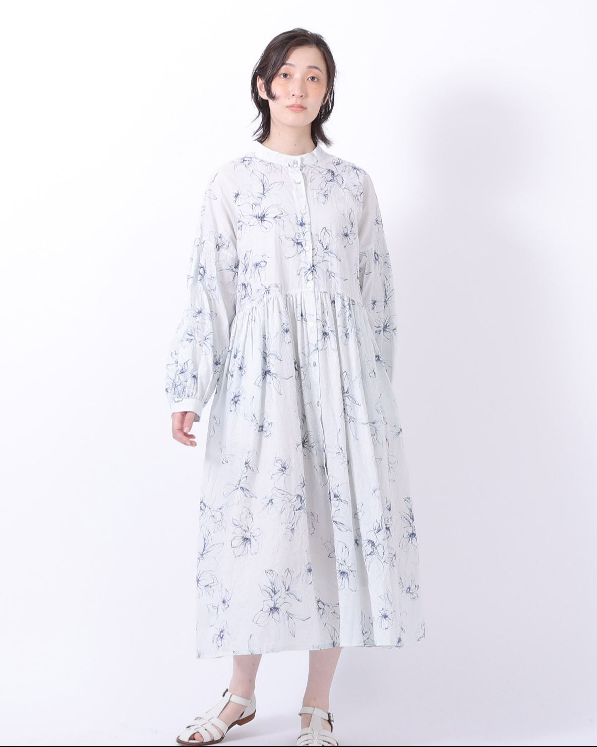 コットンワッシャーフラワープリント切替ワンピース