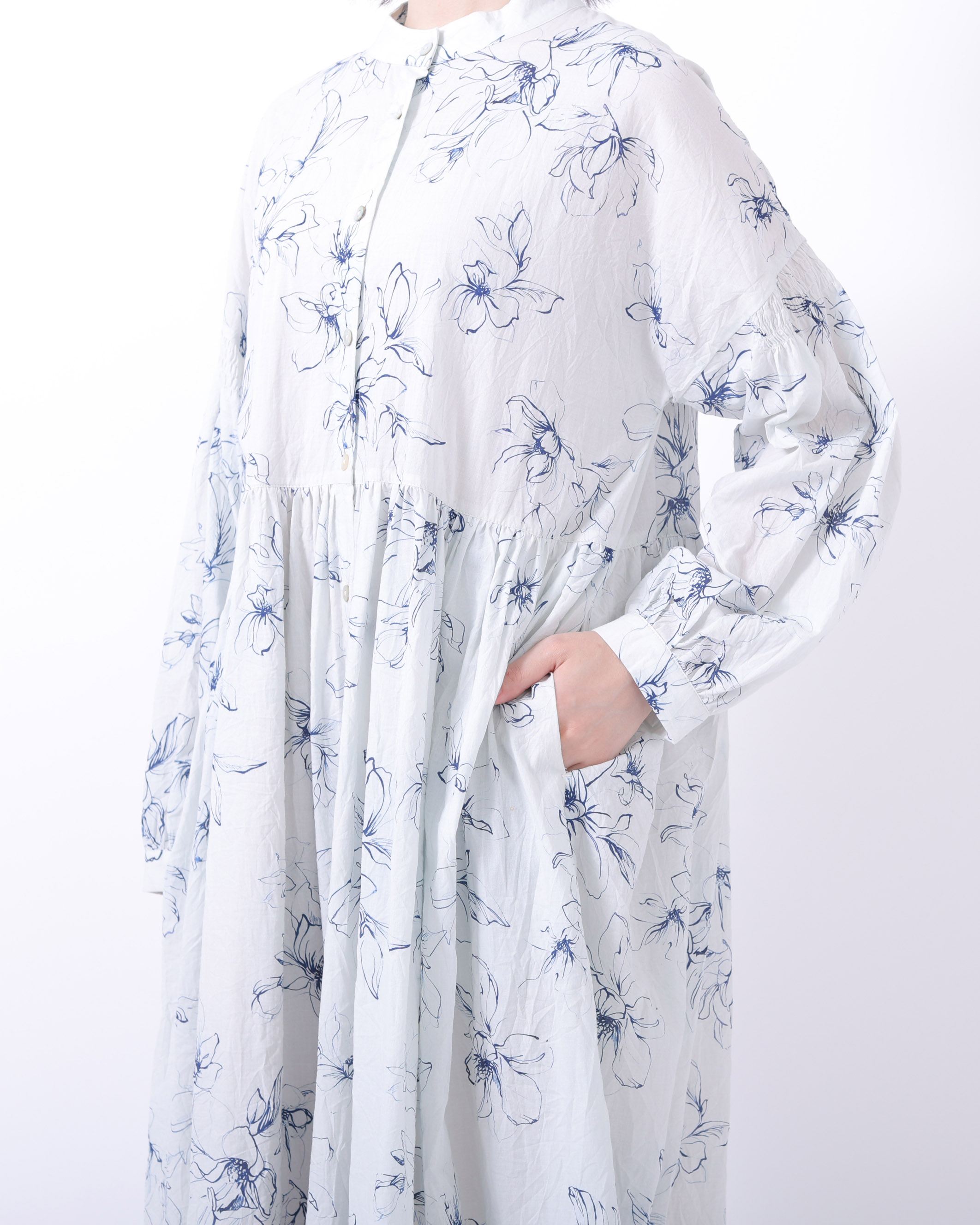 コットンワッシャーフラワープリント切替ワンピース