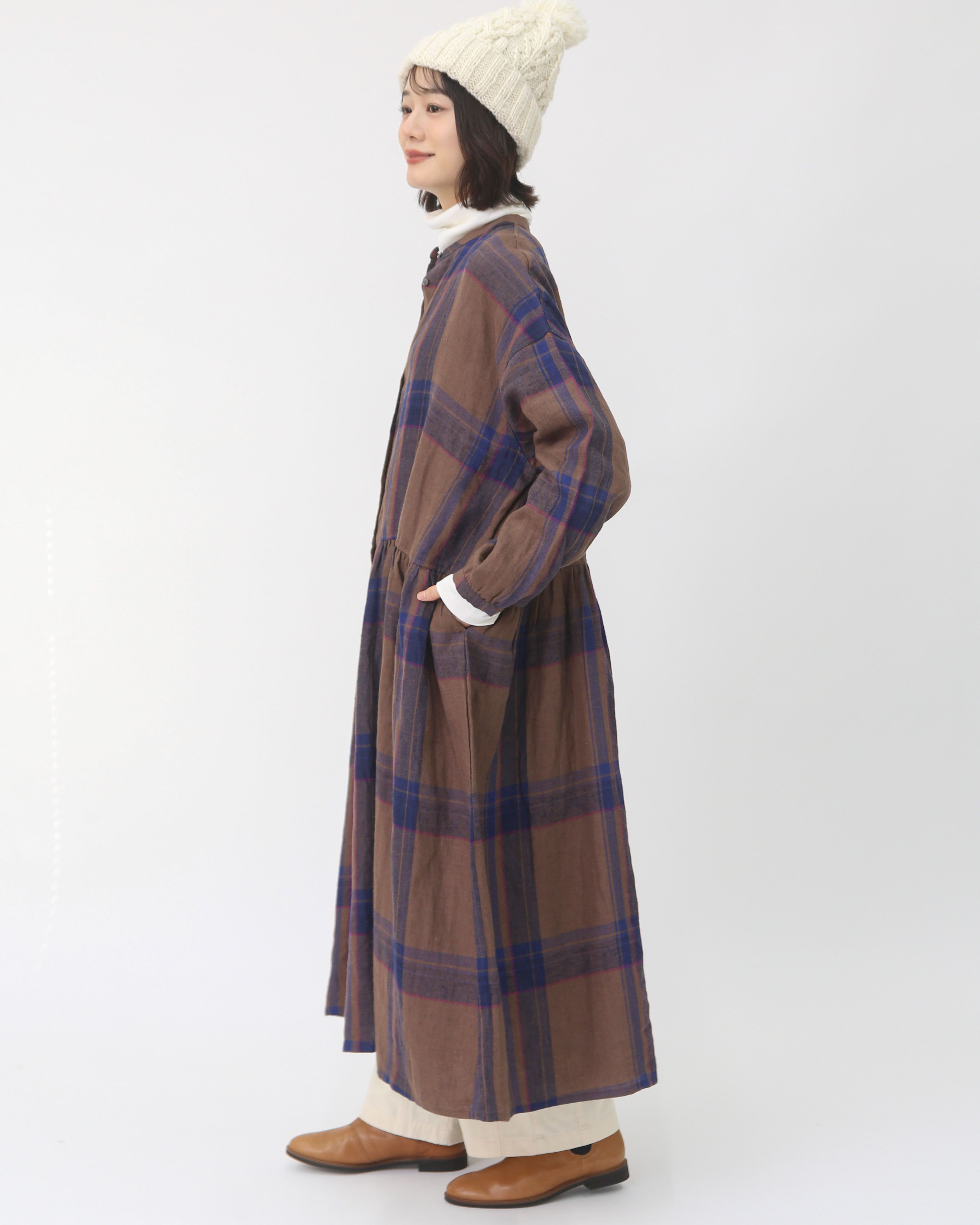 45R　リネン100% ネイビー・ベージュ チェックワンピース 45R リネン100% ネイビー・ベージュ チェックワンピース 45R リネン100