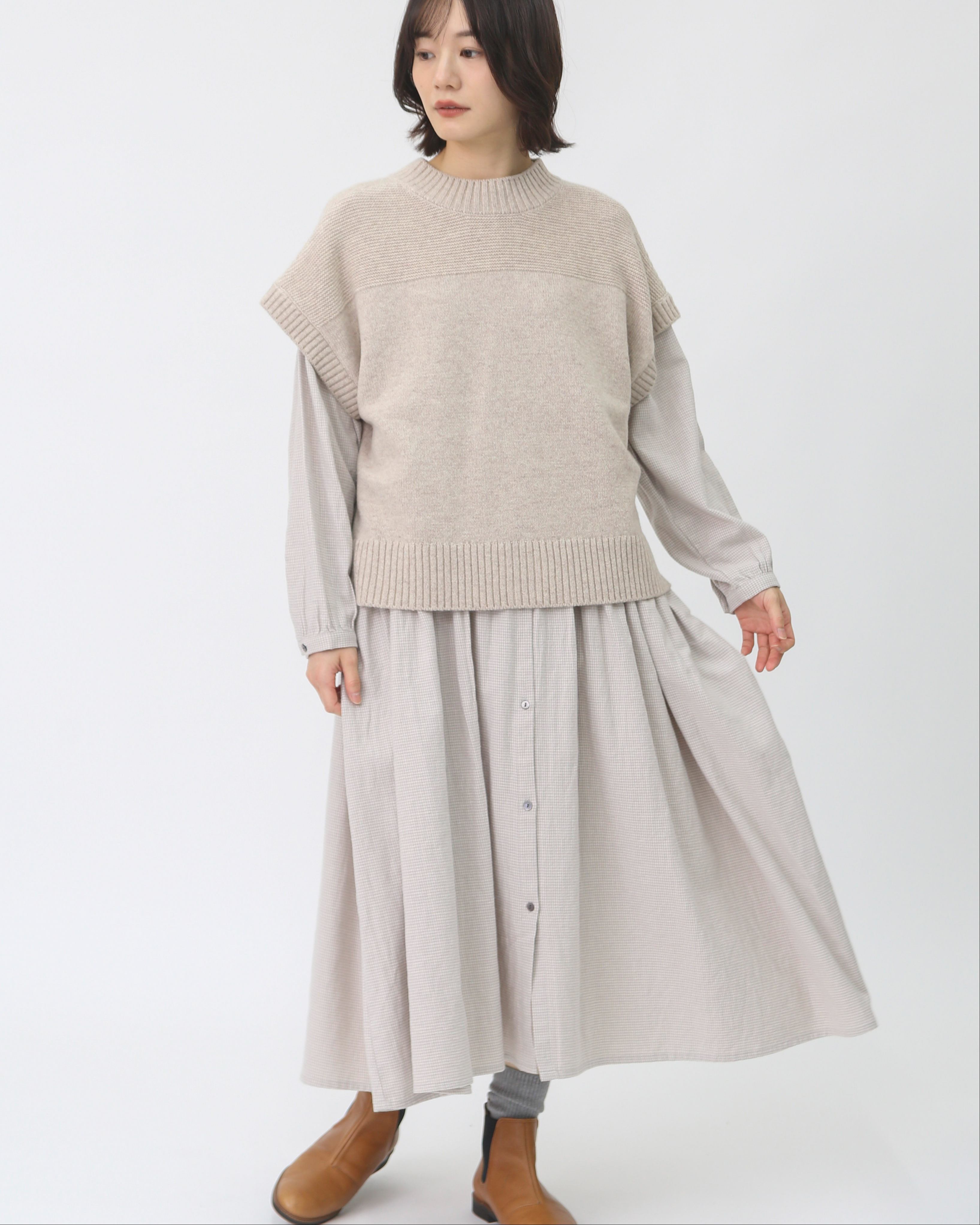 コットンリネン千鳥格子起毛ワンピース