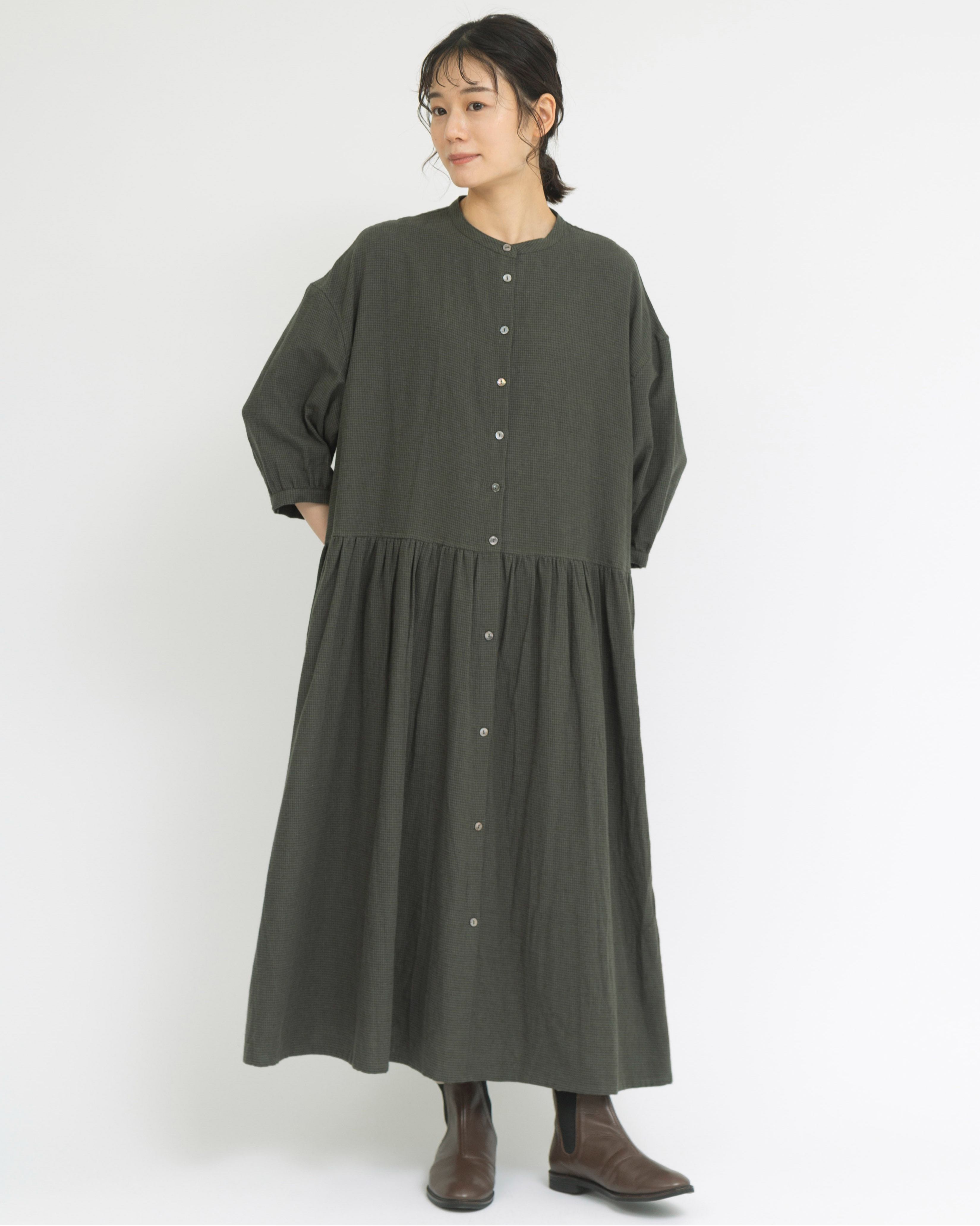 コットンリネン千鳥格子起毛ワンピース