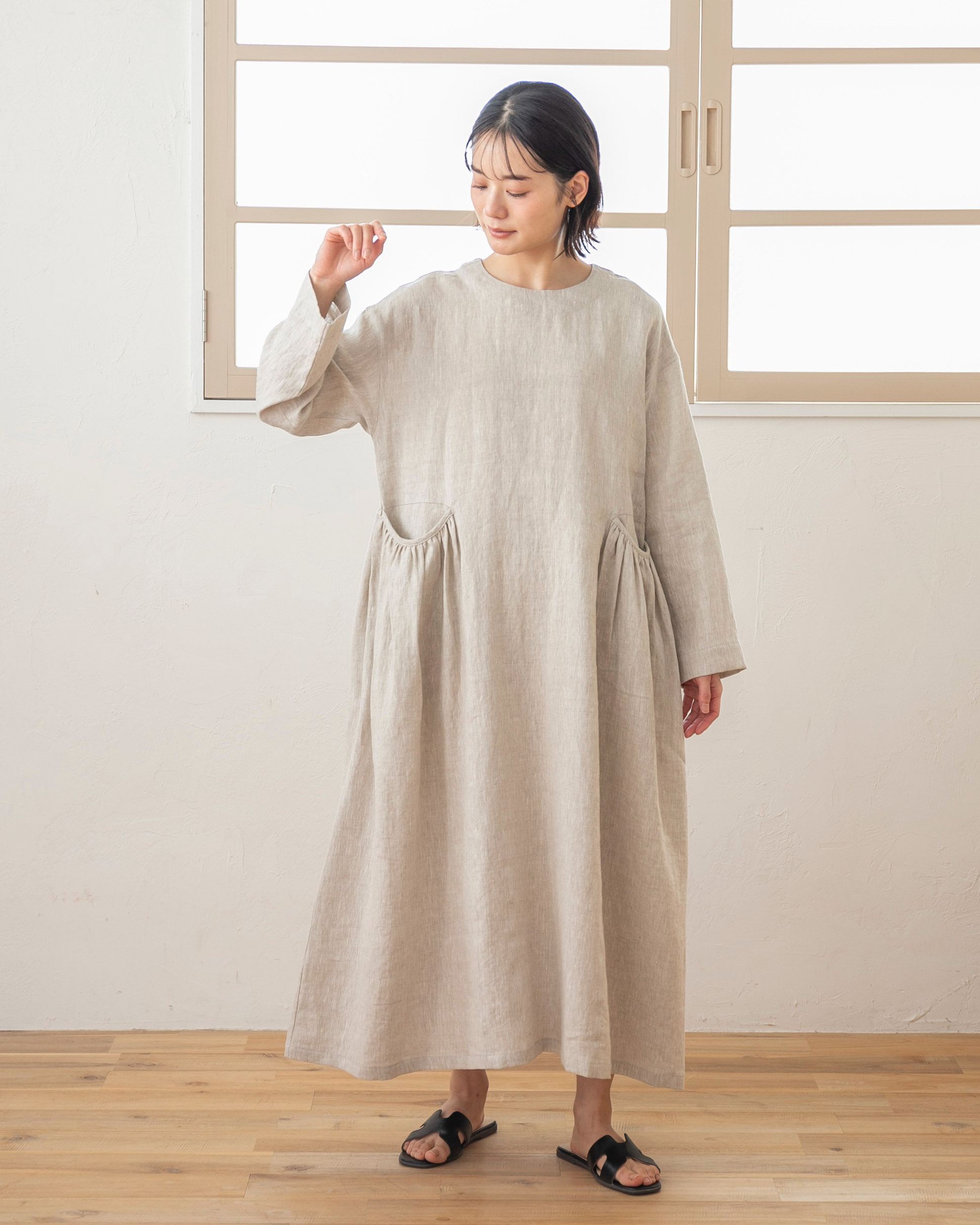 Sachi×TUTIE.】【丈が選べる】リネン切替ギャザーワンピース｜受注生産