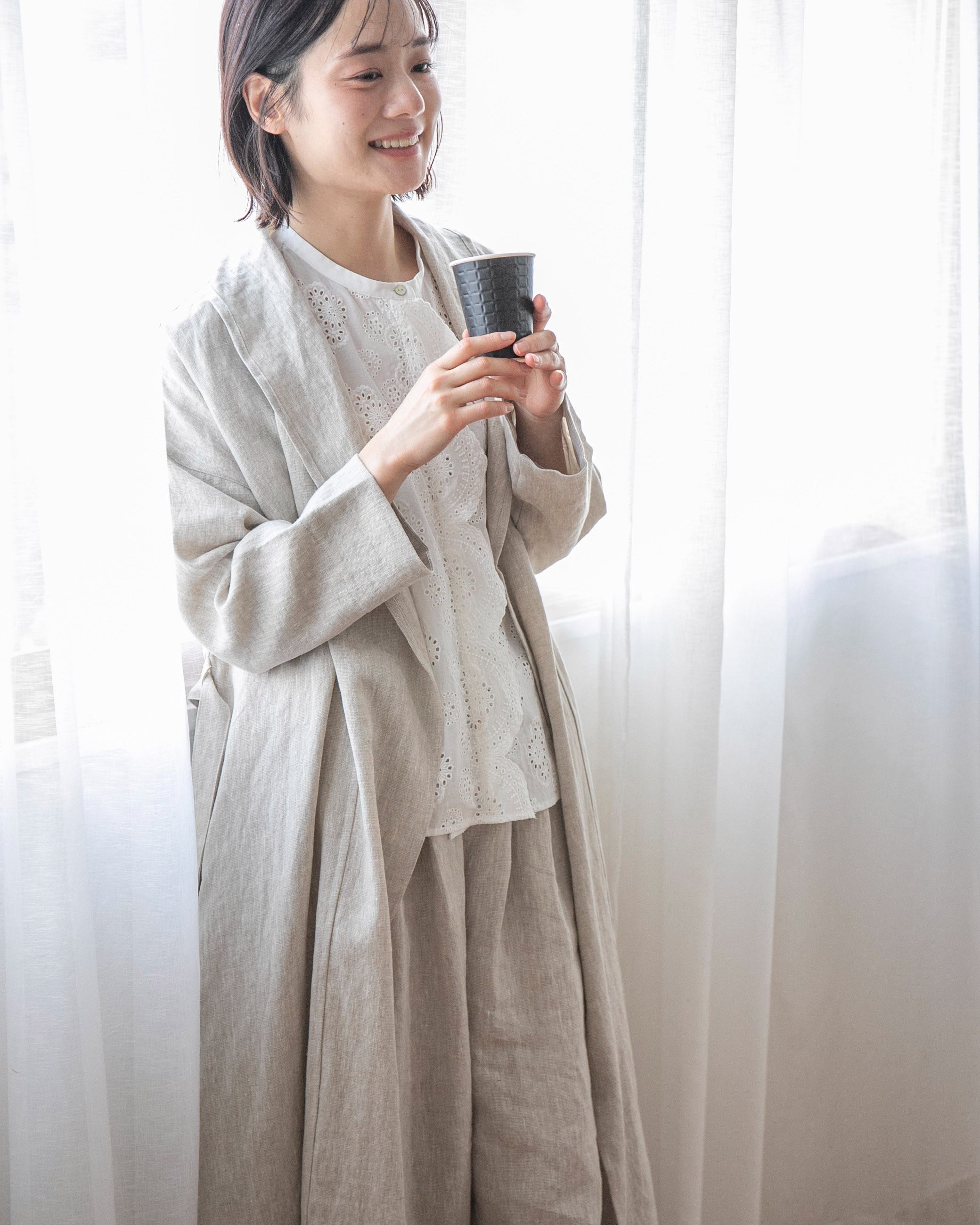 イチアンティークス 麻 リネンローブコート カーディガン ベージュ 美品 イチアンティークス リネンローブコート リネンロング
