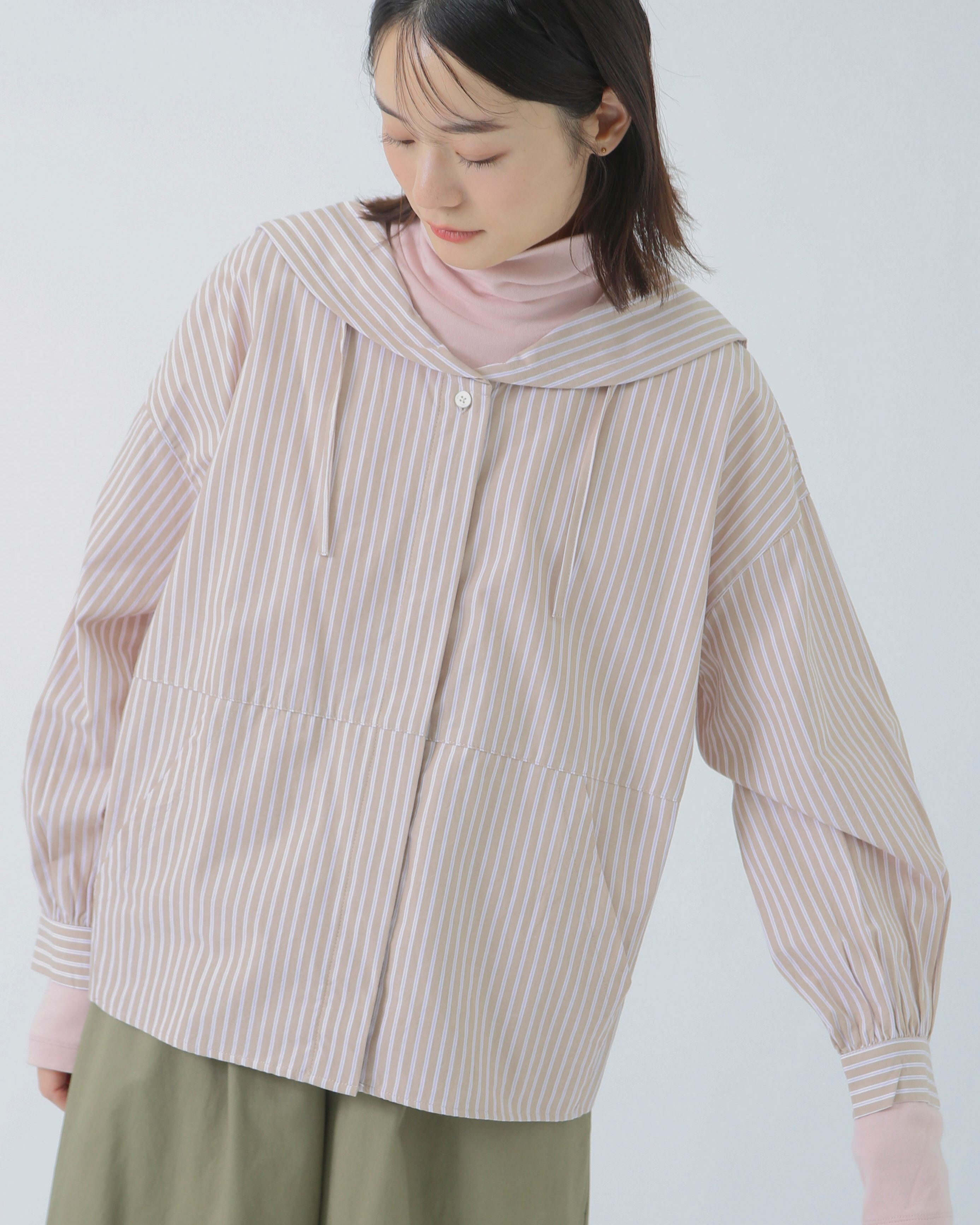 T. コットンストライプセーラーブラウス