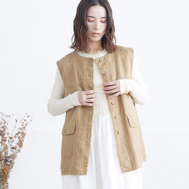 0624AT-60001 リネンツイル起毛フリンジベスト