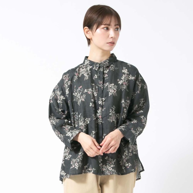 0624AT91032リネンフラワープリントフライフロントシャツ