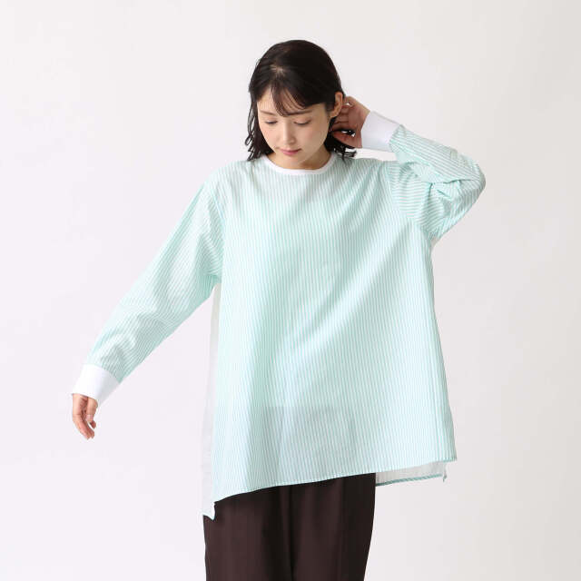 0624PT-52610 コットンリヨセルストライプ切替チュニック