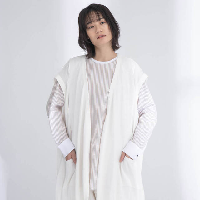 0624PT-52610 コットンリヨセルストライプ切替チュニック