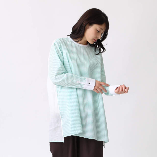 0624PT-52610 コットンリヨセルストライプ切替チュニック