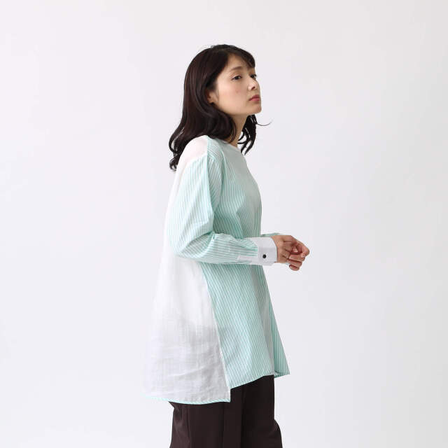0624PT-52610 コットンリヨセルストライプ切替チュニック