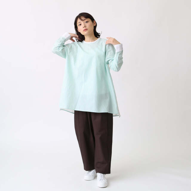 0624PT-52610 コットンリヨセルストライプ切替チュニック