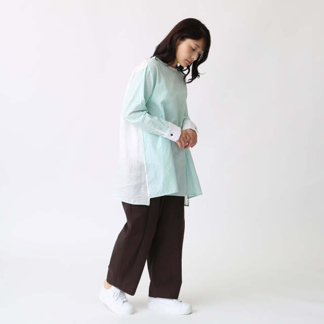 0624PT-52610 コットンリヨセルストライプ切替チュニック