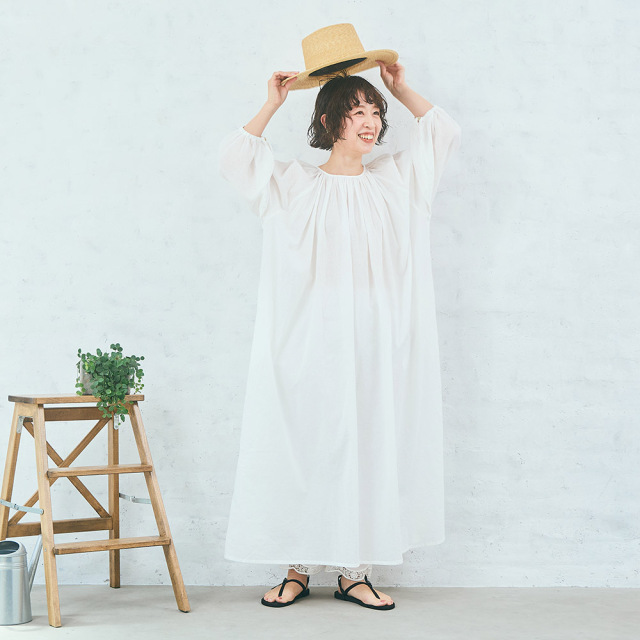 【tomomiさんコラボ】【丈が選べる】コットンリネンボイル２ＷＡＹギャザーワンピース（ロング）
