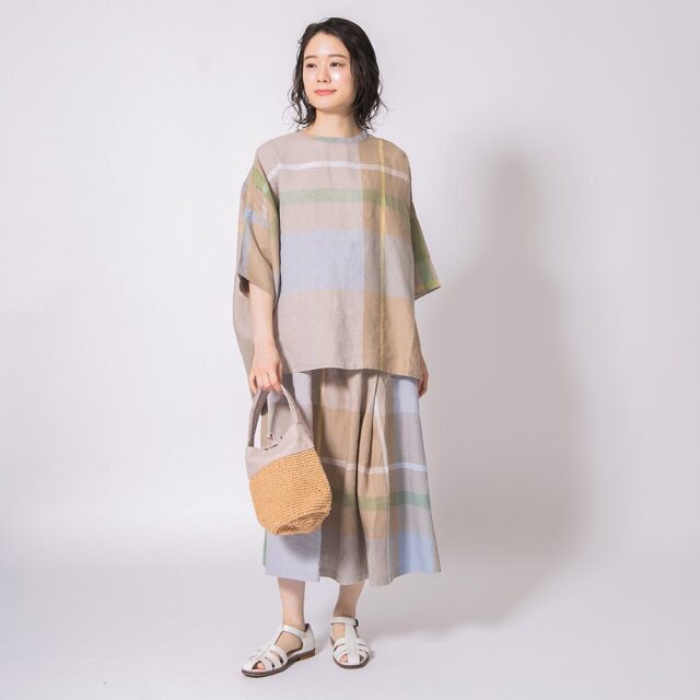 TUTIE リネンチェックスカート　限定 リネン大柄チェックスカート