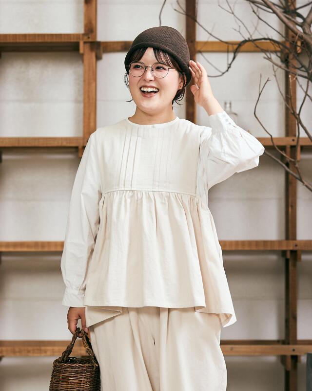 ギャザーネックブラウス♡新作(白) kawasakiさんコラボ】コットン起毛ピンタックギャザーブラウス