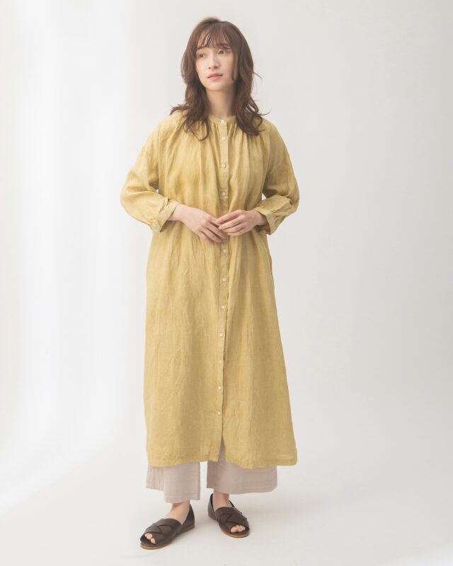 新品　Melan cleuge☆ベージュ／インド綿6分袖ギャザーワンピース 新品 Melan cleuge☆ベージュ／インド綿6分袖ギャザーワンピース