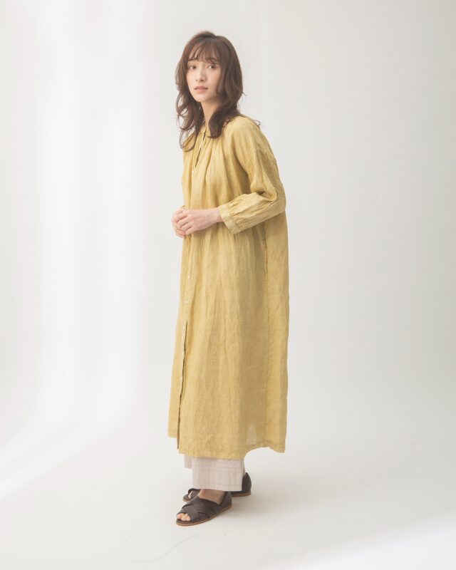 ハンドメイド　リネン　ふんわり袖のリネンワンピース 生成り＊ふんわりギャザーワンピース【S,M,L,LL】コットンリネン