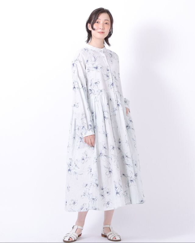 コットンワッシャーフラワープリント切替ワンピース