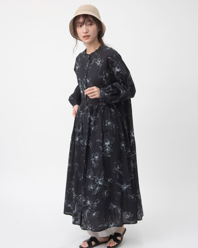 コットンワッシャーフラワープリント切替ワンピース