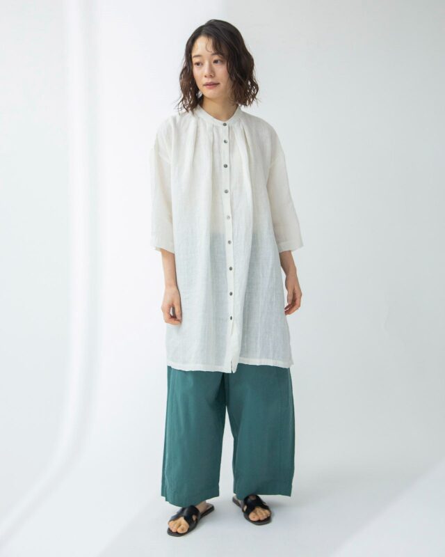 Plantation長袖ロングシャツ　チュニック　リネンコットン　バンドカラー Plantation長袖ロングシャツ チュニック リネンコットン バンド