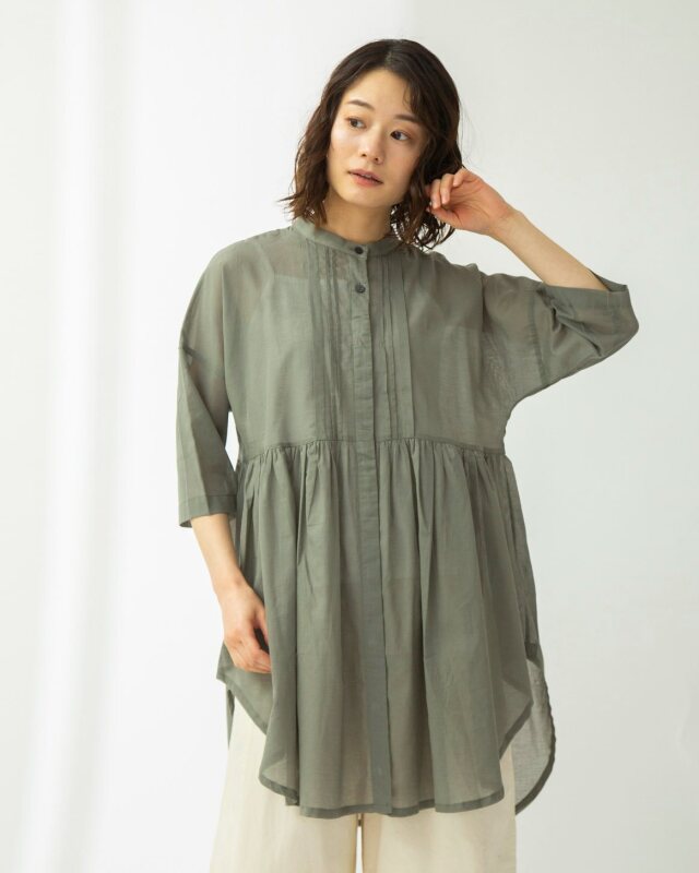 0625UT61624 コットンリネンローンタックロングブラウス