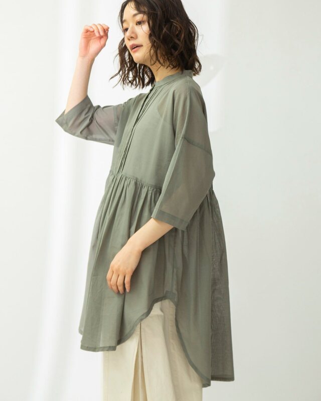 0625UT61624 コットンリネンローンタックロングブラウス