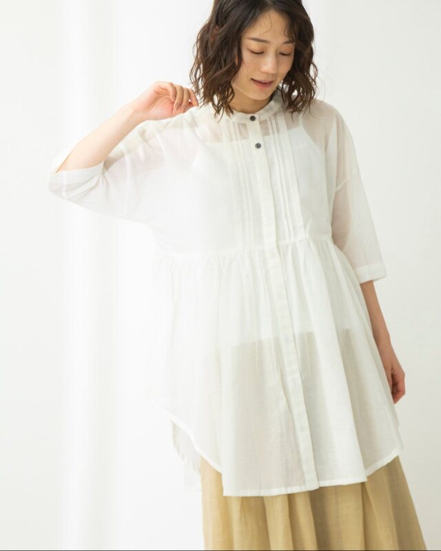 0625UT61624 コットンリネンローンタックロングブラウス