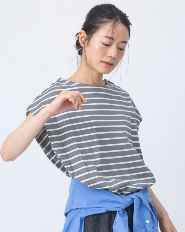 0625UT71131コットン天竺ボーダーサイドタックプルオーバー