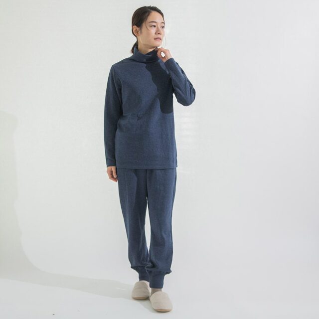 【rokh】 WHITE×BLUE トワルドジュイ ハイネック カットソー つちふわ～カットソータートルネックワンピース