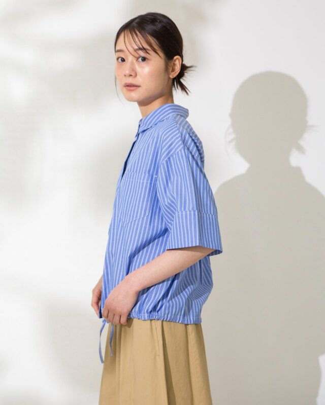 美品✨45rpm コットン ロゴ刺繍 スキッパーシャツ ブルーストライプ 洗える dongdong11932.jpg