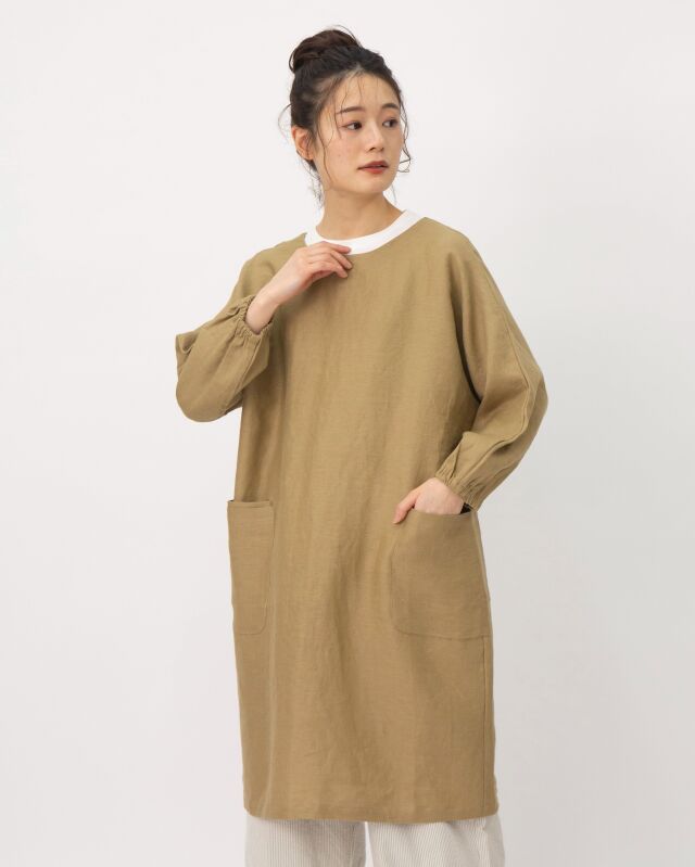 国産リネン生地　チュニック割烹着　キナリ　服作り40年の田舎町仕立屋 BR1768】 天日干しリネン・チュニック割烹着 | ブランチエム│50