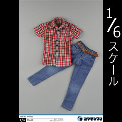 【ZYTOYS】ZY5002 Men's Red and White Lattice Short Sleeve + Cowboy Suit 1/6スケール シャツ＆ジーンズ