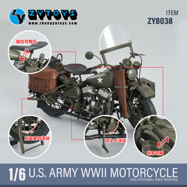 ZYTOYS】ZY8038A&B 1/6 WW2 U.S. Army Military Motorcycle WLA 1/6