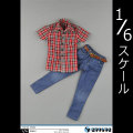 【ZYTOYS】ZY5002 Men's Red and White Lattice Short Sleeve + Cowboy Suit 1/6スケール シャツ＆ジーンズ