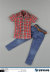 【ZYTOYS】ZY5002 Men's Red and White Lattice Short Sleeve + Cowboy Suit 1/6スケール シャツ＆ジーンズ