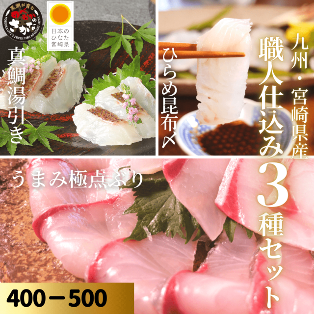 【送料無料】職人仕込み３種セット 約400-500ｇ（柵）／うまみ極点ぶり・真鯛塩〆湯引き・ひらめ昆布締め