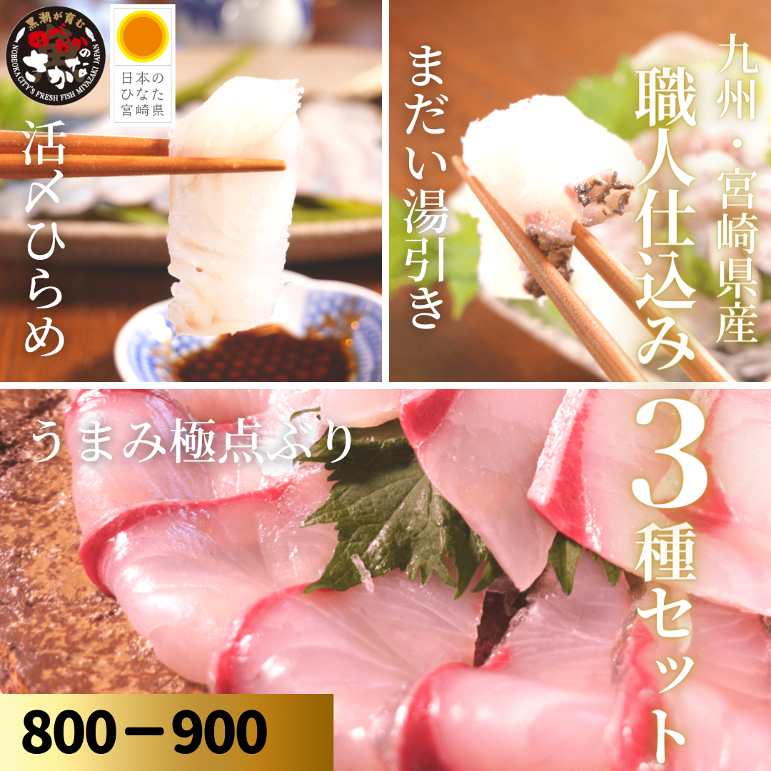【送料無料】職人仕込み３種セット 約800-900ｇ（柵）／うまみ極点ぶり・真鯛塩〆湯引き・ひらめ昆布締め