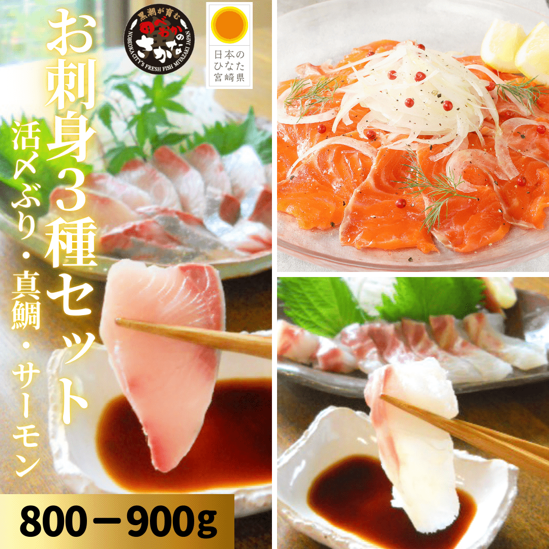 活〆鮮魚３種セット 約800-900ｇ（柵）／日向灘ぶり・真鯛・サーモン【送料無料】