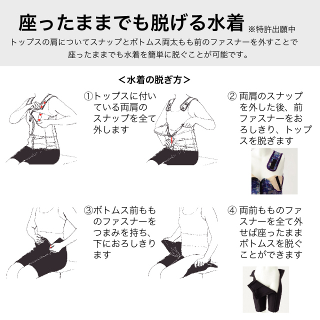 人気海外一番 トップスの肩についたスナップとボトムス両太もも前のファスナーを外すことで座ったままでも水着を簡単に脱げる水着 座ったままでも脱げる水着 フィットネス水着 レディース セパレーツ セパレート ブランド シニア フットマーク Footmark Footmark