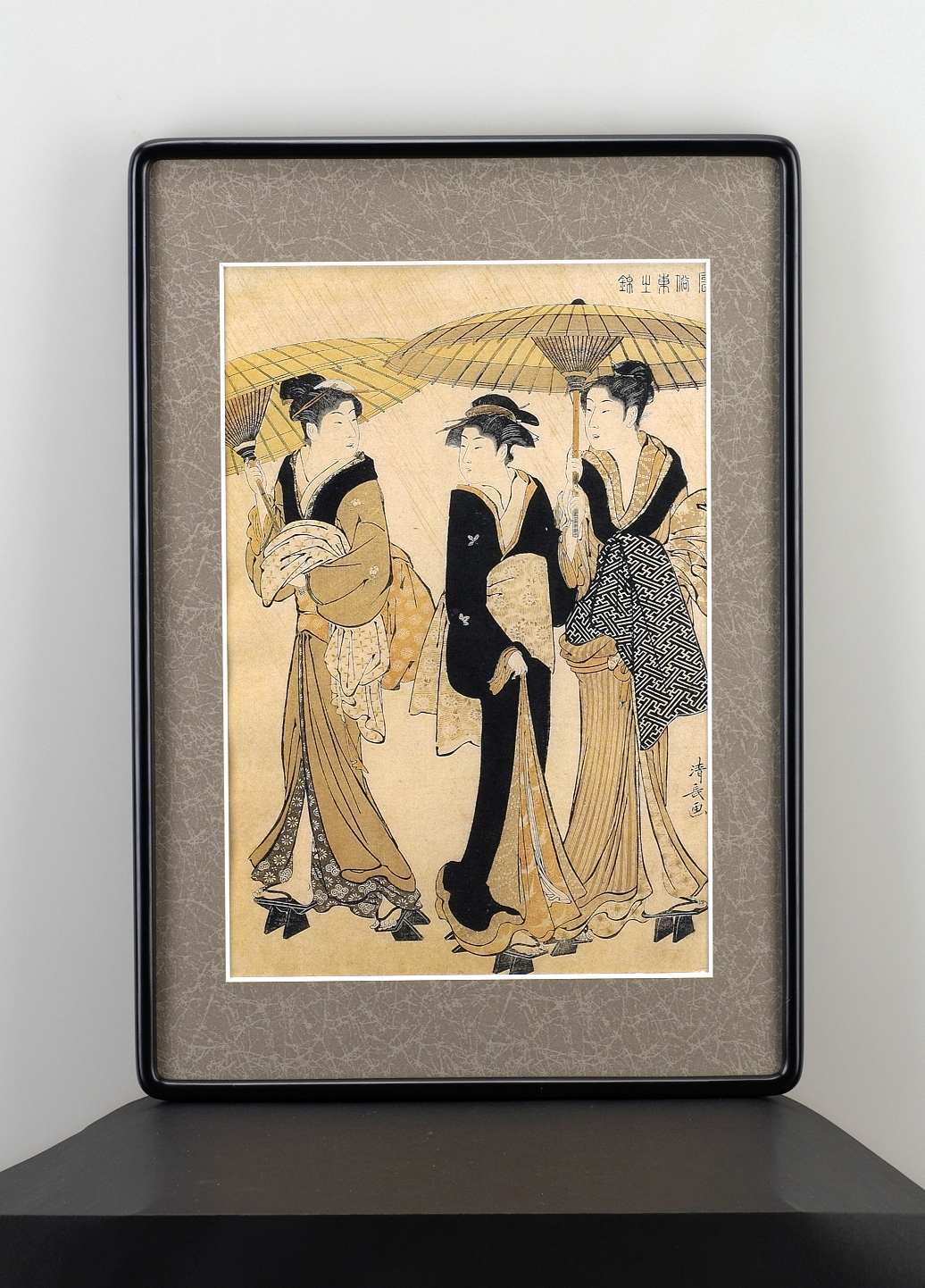 トップ カラーシート 鳥居清長 風俗東之錦「雨中三美人」 大額入り 絵画
