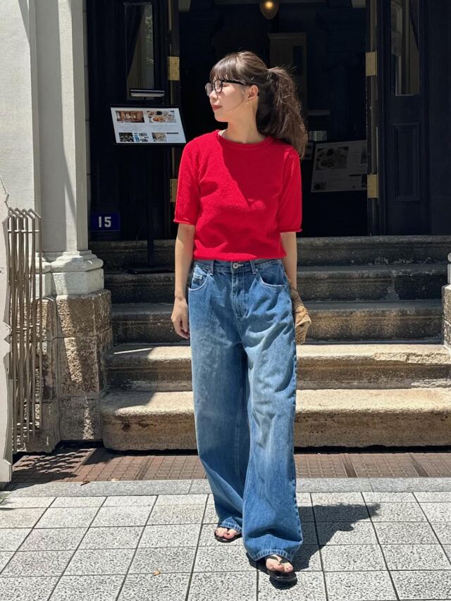 Full length wide denim pants (2color）