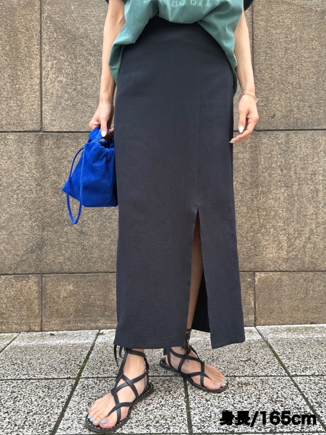 ★LUVISTRUE★CURVED L PLEATS SKIRT(KHAKI)★正規品/直送料込 Linen side slit straight skirt （ 3color ）
