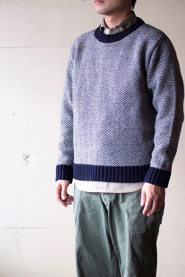Glen Fyne Herringbone Crew Neck Sweater Navy×Grey-1