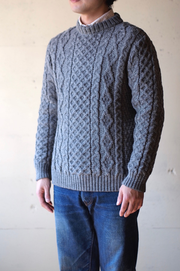 Kerry Woollen Mills Aran Cable Crew Neck Sweater LITE Steel-1