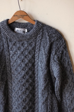 John Cooper Knitwear, Donnelly Aran Cable, Crew Neck, Grey Tweed-1