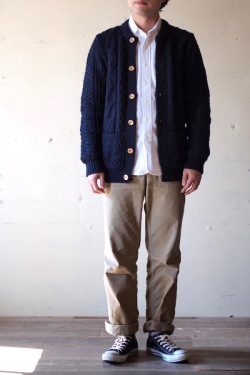 Kerry Woollen Mills Aran Cable Collarless Cardigan Navy Blue-1