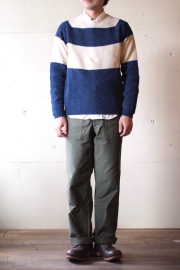 Harley of Scotland Shetland Sweater Big Border Denim×Cream-1